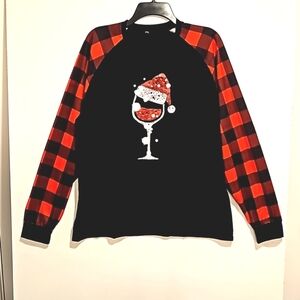 'A glass of holiday cheer' plaid sleeves office holiday party top XXL like new